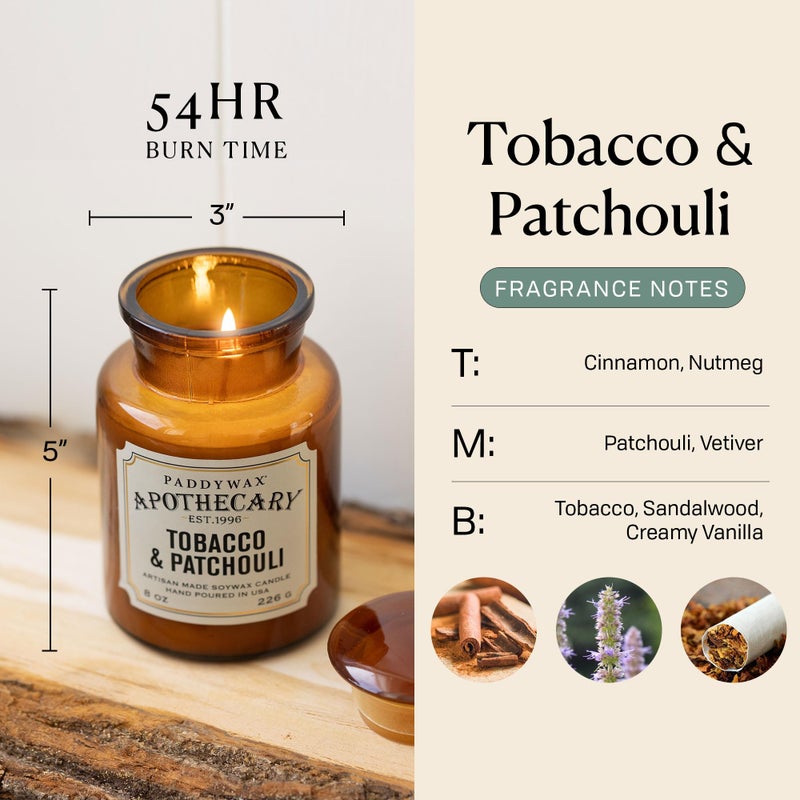 Paddywax Artisan Apothecary Scented Candle with Lid in Reusable Glass Jar, Clean-Burn Soy Candle with Approx. 54 Hour Burn Time, Tobacco & Patchouli, 8 oz. - Image 2